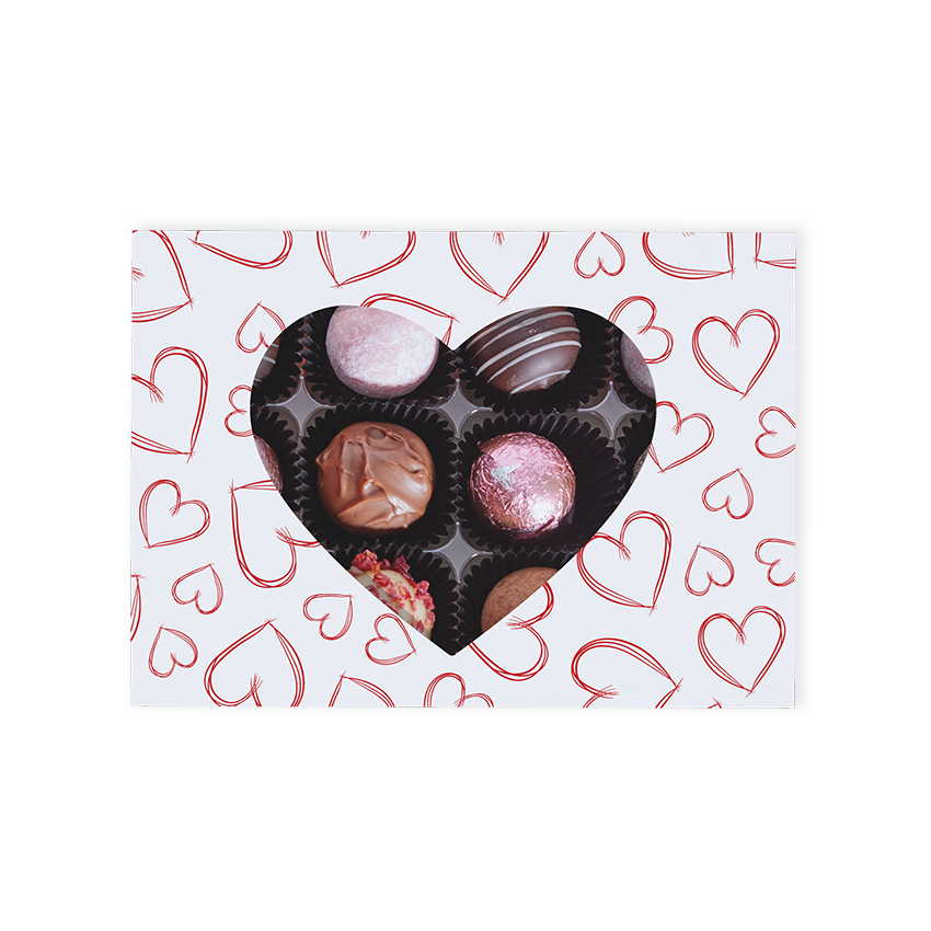 This premium gift box features a sophisticated love heart (Red &amp; White) pattern, complete with a heart-shaped cutout that offers a tantalising glimpse of the luxurious chocolate truffles nestled inside.  Each box contains a carefully curated collection of 12 milk, dark, and white chocolate truffles