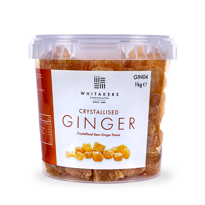 crystallised ginger pieces dusted in sugar packed in clear 1kg tubs