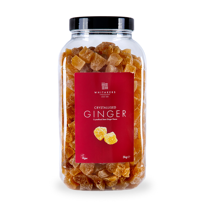 Clear recyclable plastic 3kg jar filled with crystallised sugar dusted ginger cubes
