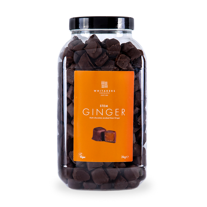 Dark Chocolate Covered Stem Ginger, elegantly encased in a 3kg recyclable jar