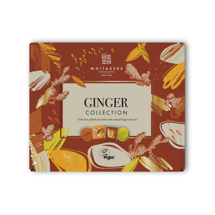 dark chocolate ginger collection 170g gift box, filled with creams, crisps and neapolitans. vegan and gluten-free