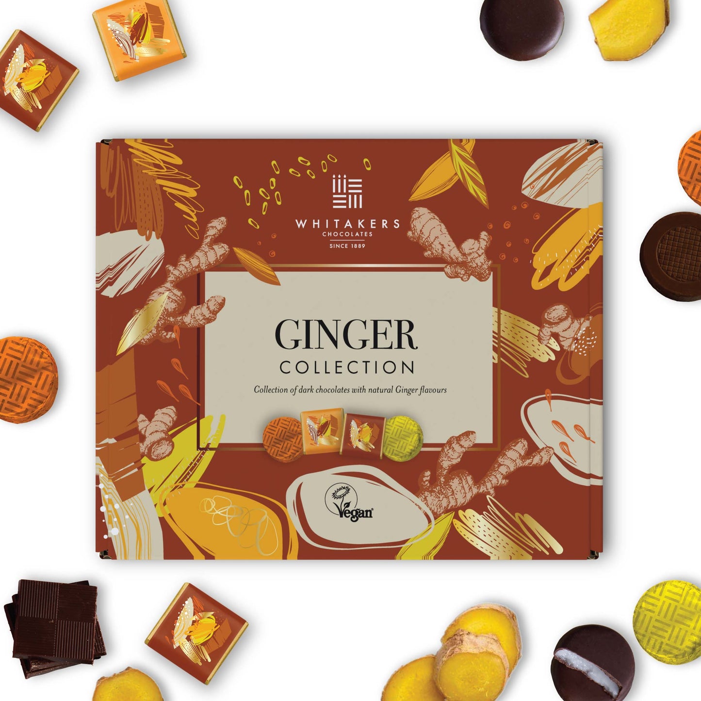 dark chocolate ginger collection 170g gift box, filled with creams, crisps and neapolitans. vegan and gluten-free