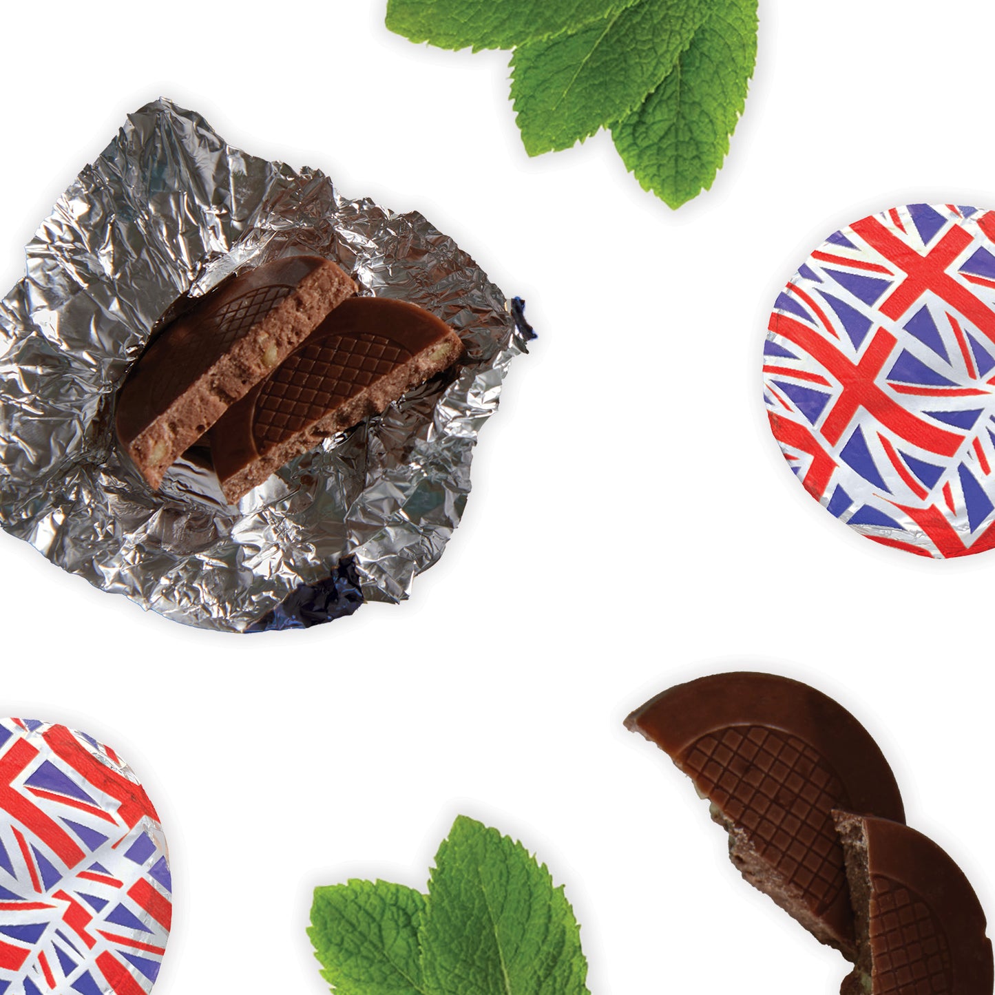 Rich Signature Dark Chocolate Crisps, masterfully blended with invigorating peppermint oil and the delightful crunch of sugar crystal pieces. Each of the approximately 155 individually wrapped chocolates is encased in distinctive Union Jack foil, reflecting a proud heritage and a commitment to quality