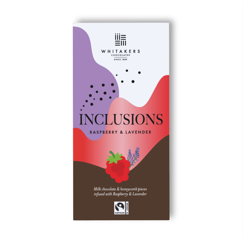 a smooth and creamy 90g Milk Chocolate delight, elegantly infused with natural raspberry and lavender, and enriched with the delightful crunch of honeycomb pieces. This exquisite bar is presented in attractive paper packaging, signifying the quality and care that goes into every bar