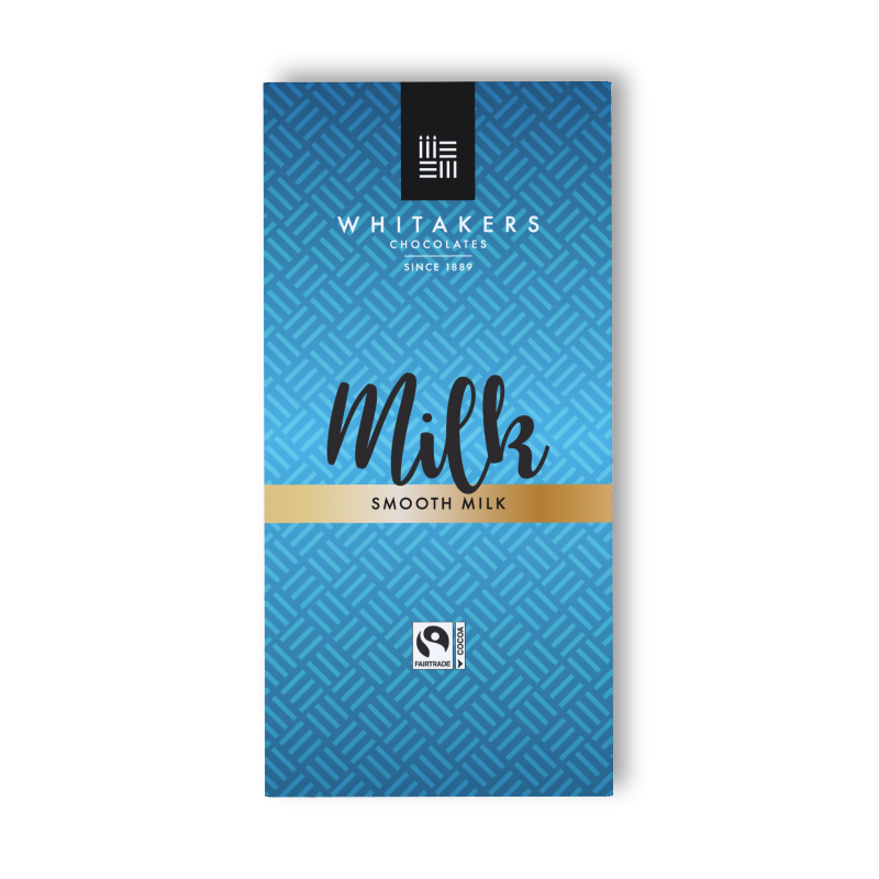 our 90g Whitakers Milk Chocolate Bars, each lovingly wrapped in attractive blue paper packaging