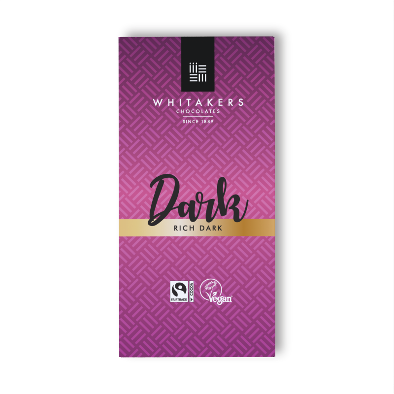 our Classic Rich Dark Chocolate Bar, a luxurious 90g treat made with 55% dark chocolate. Wrapped in attractive purple Whitakers paper packaging