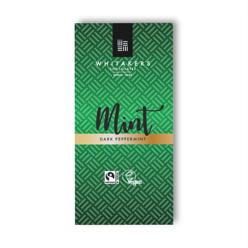 our Classic Rich Dark Chocolate Bar, meticulously crafted with 55% dark chocolate and infused with natural English mint oil. This luxurious 90g bar comes elegantly wrapped in attractive green Whitakers paper packaging