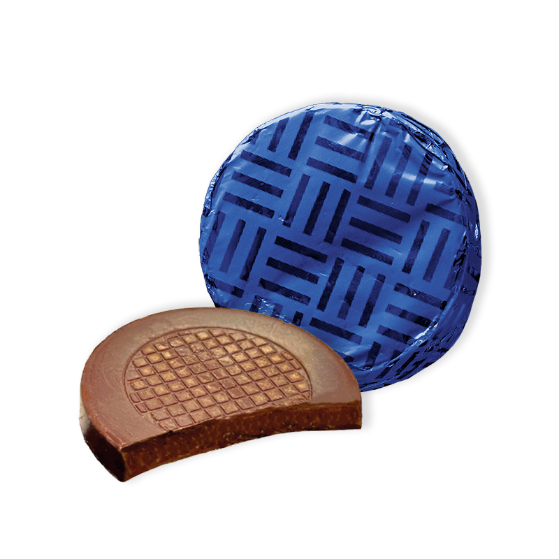 Milk Chocolate Crisps, infused with natural peppermint oil and adorned with the delightful crunch of sugar crystal pieces, individually wrapped in royal blue foil, packed in 2kg bulk catering boxes
