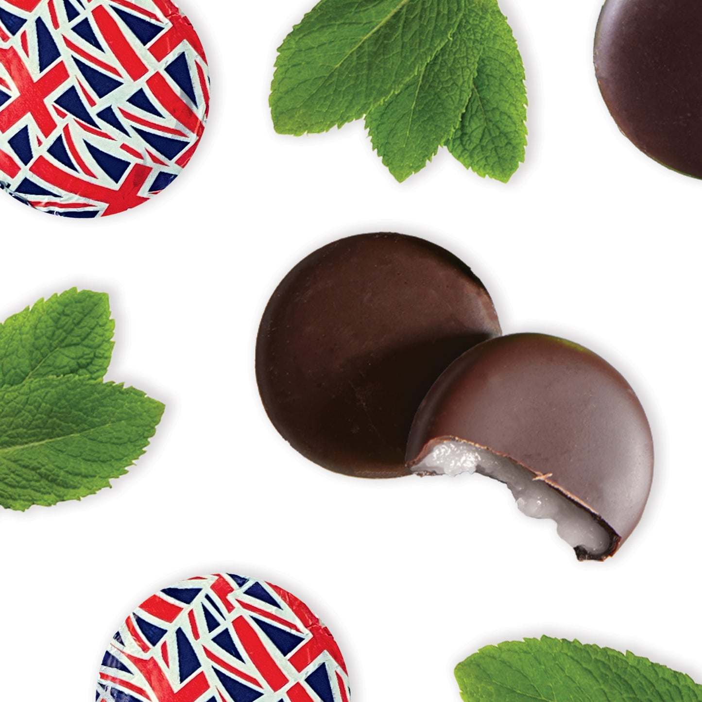 Dark chocolate peppermint fondant creams, all wrapped in Union Jack Foil