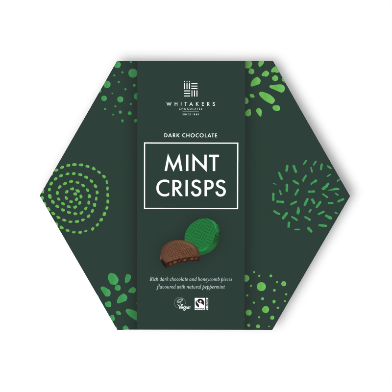 Peppermint and Honeycomb Dark Chocolate Crisps, beautifully presented in a stunning hexagonal gifting box