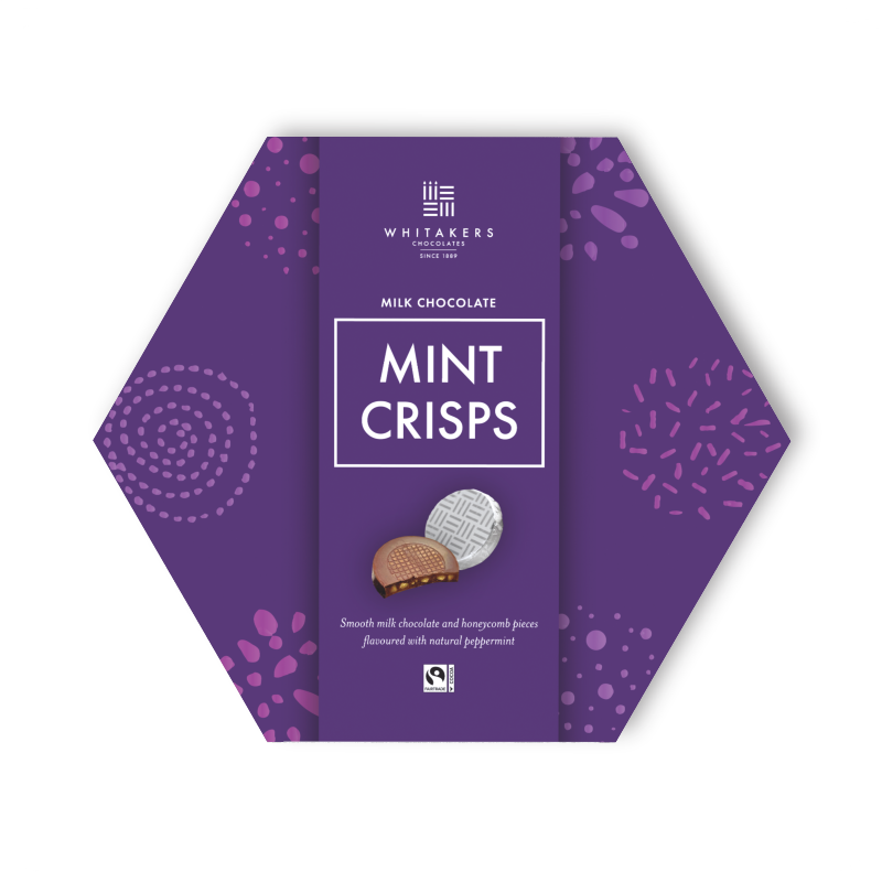 Milk Mint Crisps, elegantly encased in a captivating hexagonal presentation box. These exquisite crisps merge our velvety signature milk chocolate with a burst of refreshing mint flavour and the delightful crunch of honeycomb pieces