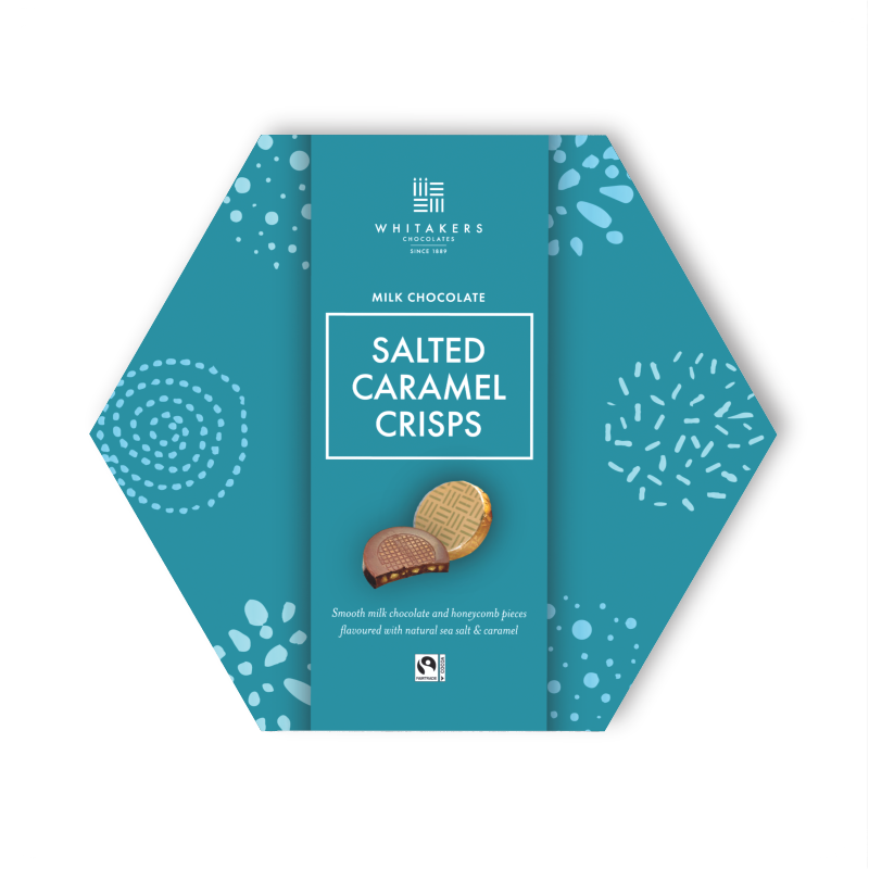 Salted Caramel and Honeycomb Milk Chocolate Crisps, presented in an exquisite hexagonal gifting box. These indulgent crisps combine our signature smooth and creamy milk chocolate with the rich allure of salted caramel and the irresistible texture of crunchy honeycomb pieces