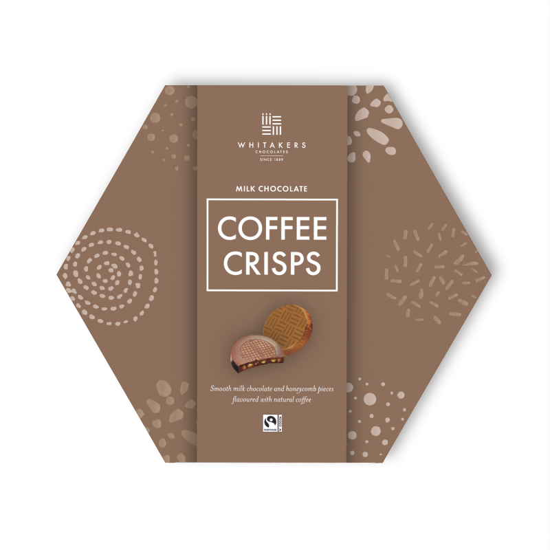 Coffee and Honeycomb Milk Chocolate Crisps, beautifully encased in a striking hexagonal gifting box