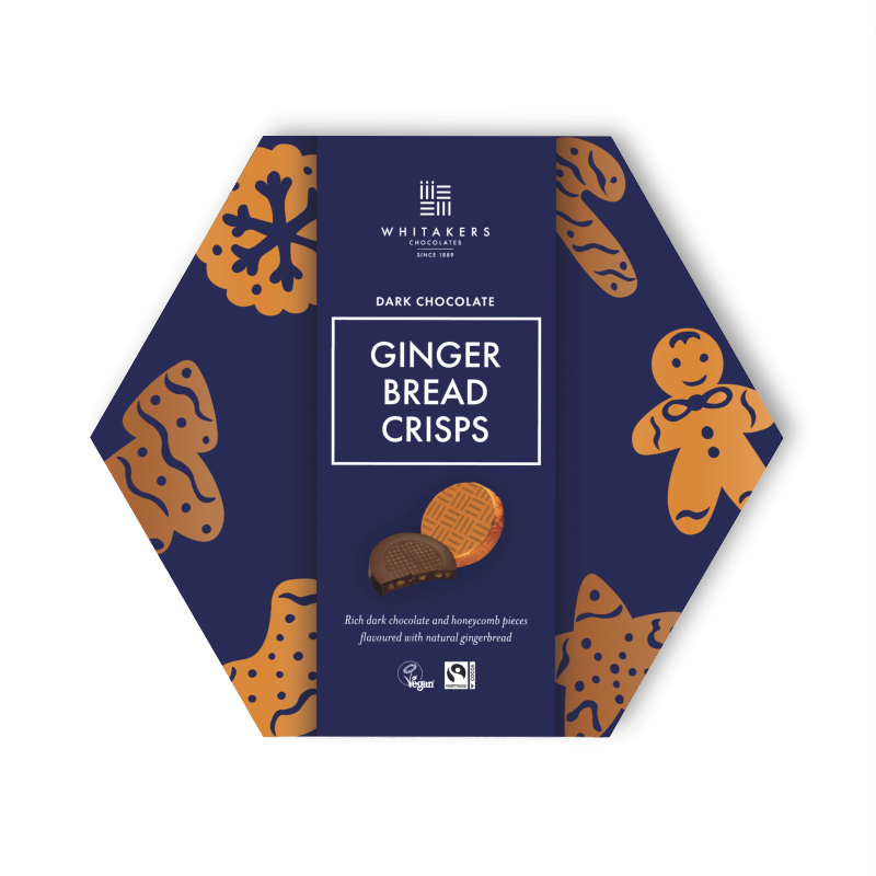 Dark Gingerbread Chocolate Crisps, elegantly presented in a distinctive hexagonal gifting box