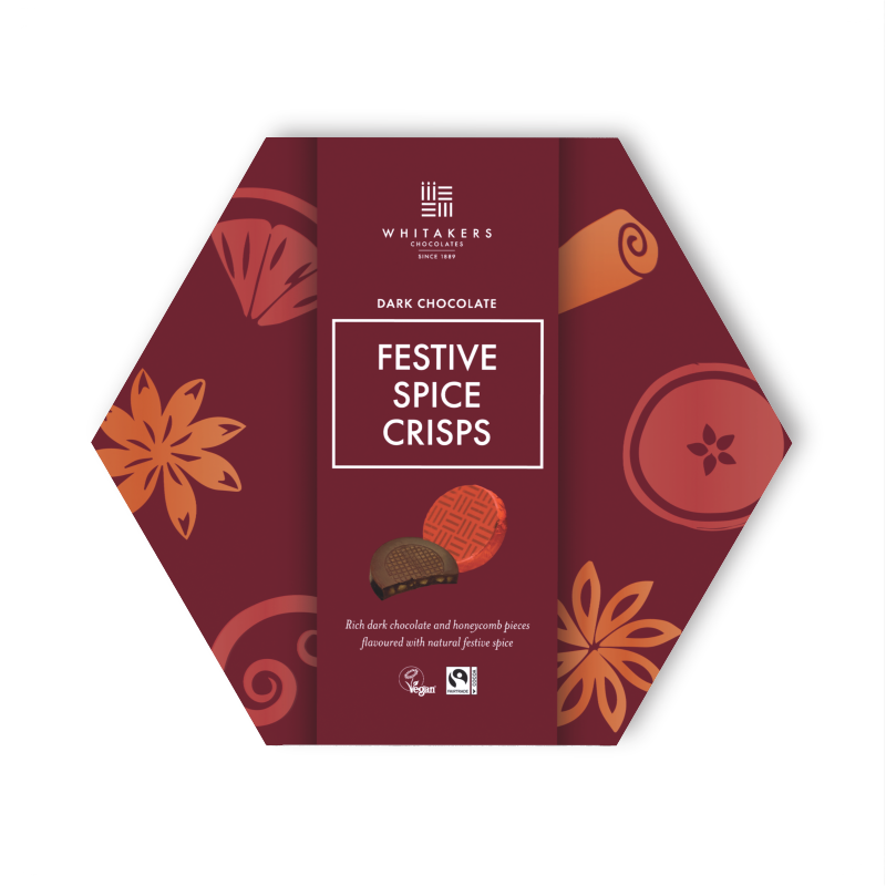 Festive Spice Chocolate Crisps, a delectable creation where the richness of dark chocolate meets the heartwarming spices reminiscent of mulled wine. Each foil wrapped chocolate is encased in a hexagonal gift box