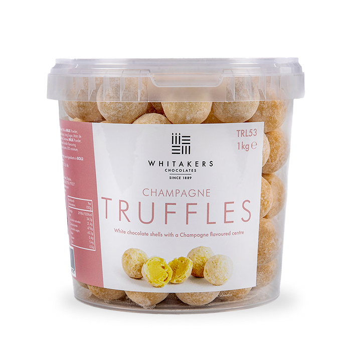 White chocolate champagne Truffle Bulk Tub, a lavish collection where each of the approximately 80 pieces, infused with the sophisticated flavour of Marc de Champagne