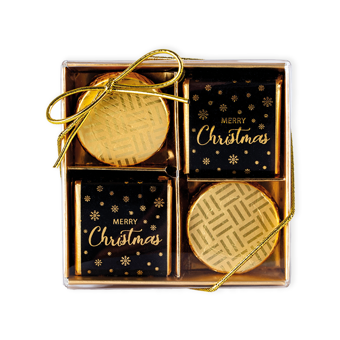 This exquisite gift box contains 10 delicious chocolates, featuring a mix of Merry Christmas Neapolitans and our classic gold-foiled mint crisps, offering a delightful variety of milk and dark chocolates