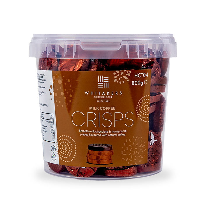 brown foiled milk coffee and honeycomb crisps packed in 800g clear tubs
