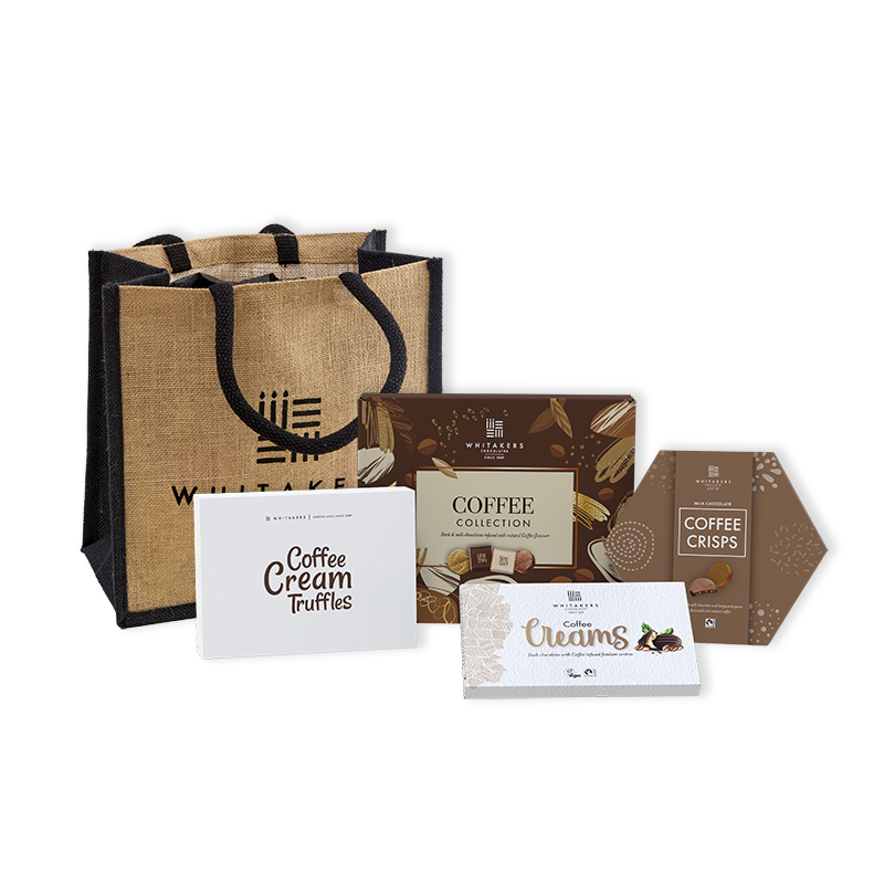 Luxury Tote bag 'Whitakers' chocolate coffee lovers hamper, containing dark chocolate coffee creams, milk and dark chocolate coffee collection, milk chocolate coffee and honeycomb crisps and coffee truffle gift box