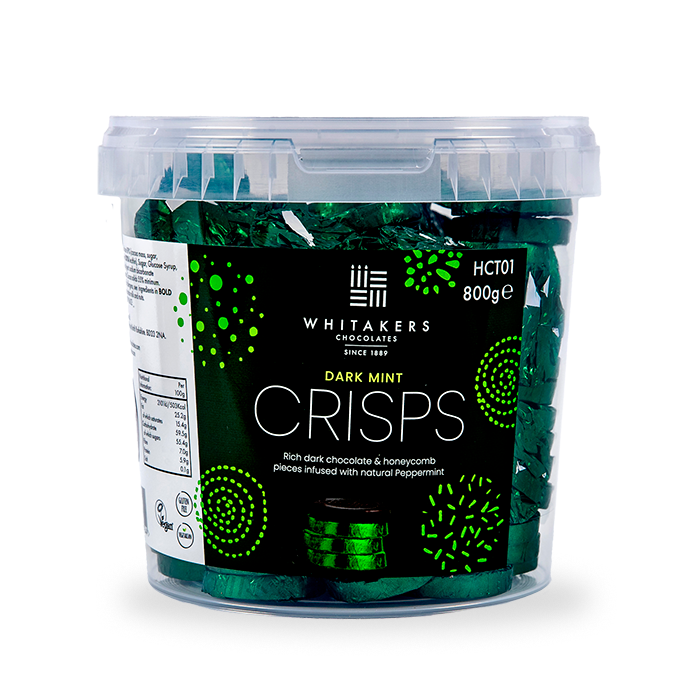 green foiled dark chocolate mint honeycomb crisps packed in 800g clear tubs