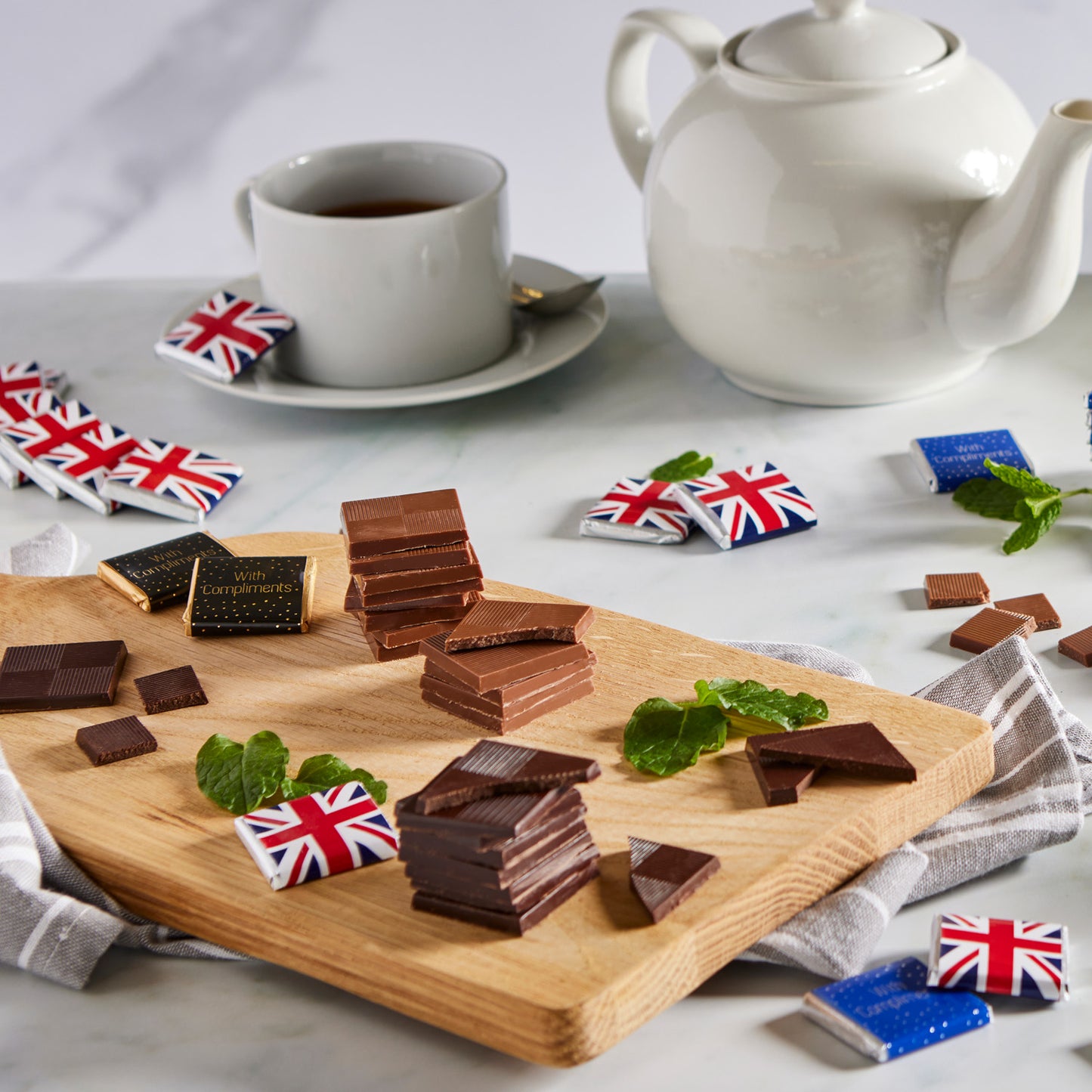 Milk Chocolate Neapolitans, each piece, encased in Luxury foil and adorned with a vibrant Union Jack paper wrapper