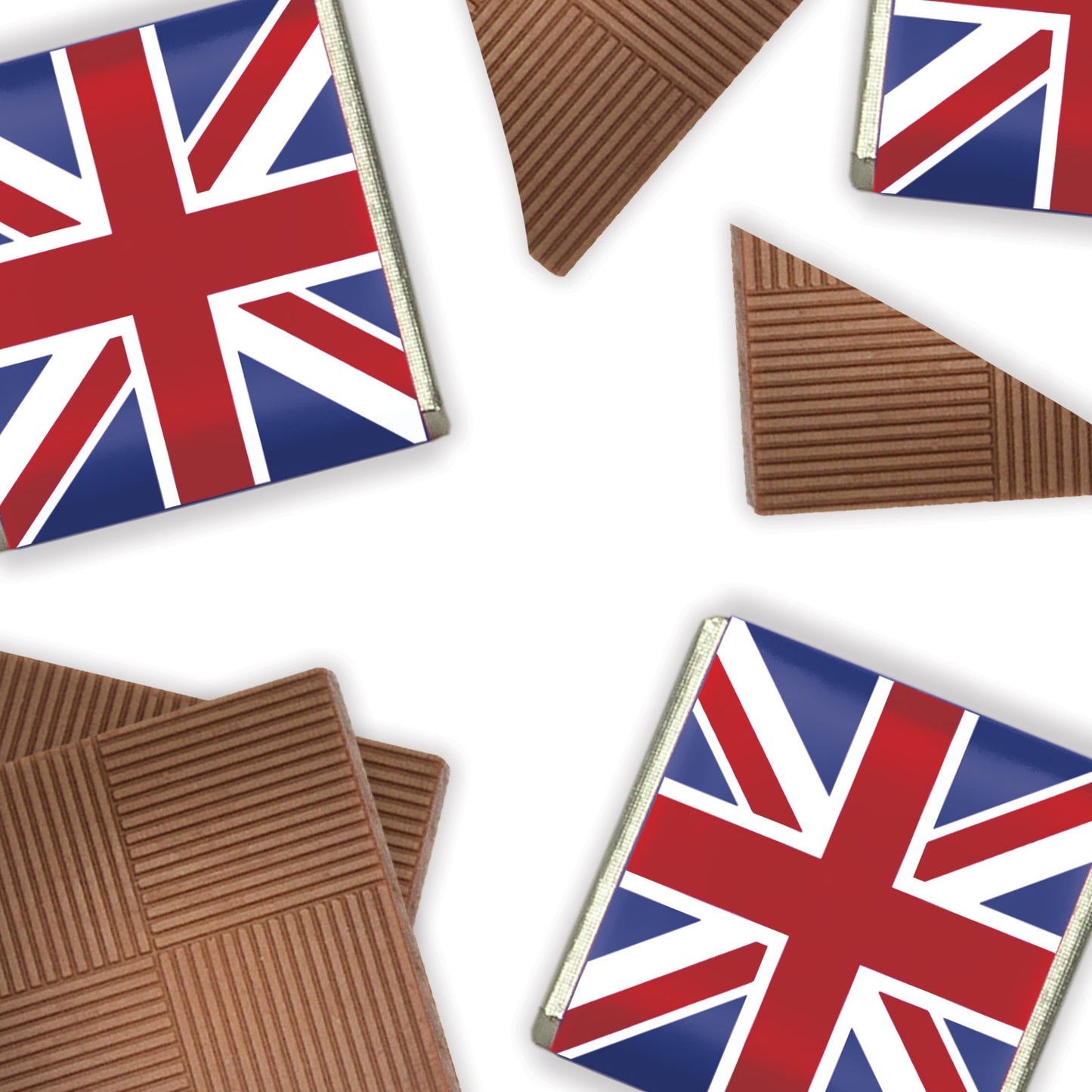 Milk Chocolate Neapolitans, each piece, encased in Luxury foil and adorned with a vibrant Union Jack paper wrapper