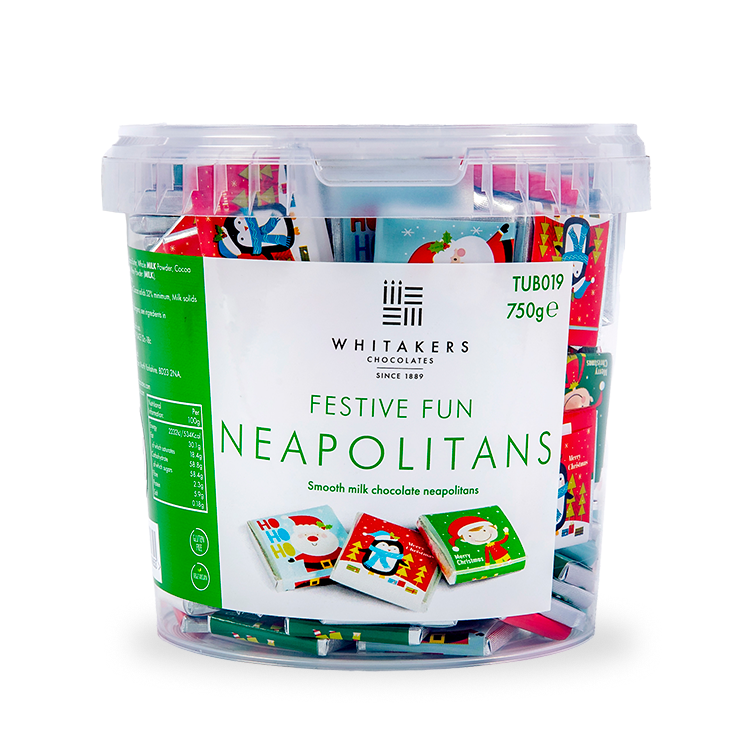 Christmas Fun-themed Milk Chocolate Neapolitans. Each of these 150 smooth and creamy milk chocolates is carefully wrapped in Luxury foil and encased in a vibrant, full-colour paper wrapper, featuring playful Christmas motifs that capture the joy and excitement of the holiday. Packed in a bulk 750g tub