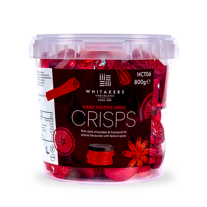 Festive Spice Chocolate Crisps, a delectable creation where the richness of dark chocolate meets the heartwarming spices reminiscent of mulled wine. Beautifully encased in rich red foil, each of the 128 individually wrapped chocolates in our generous bulk tub