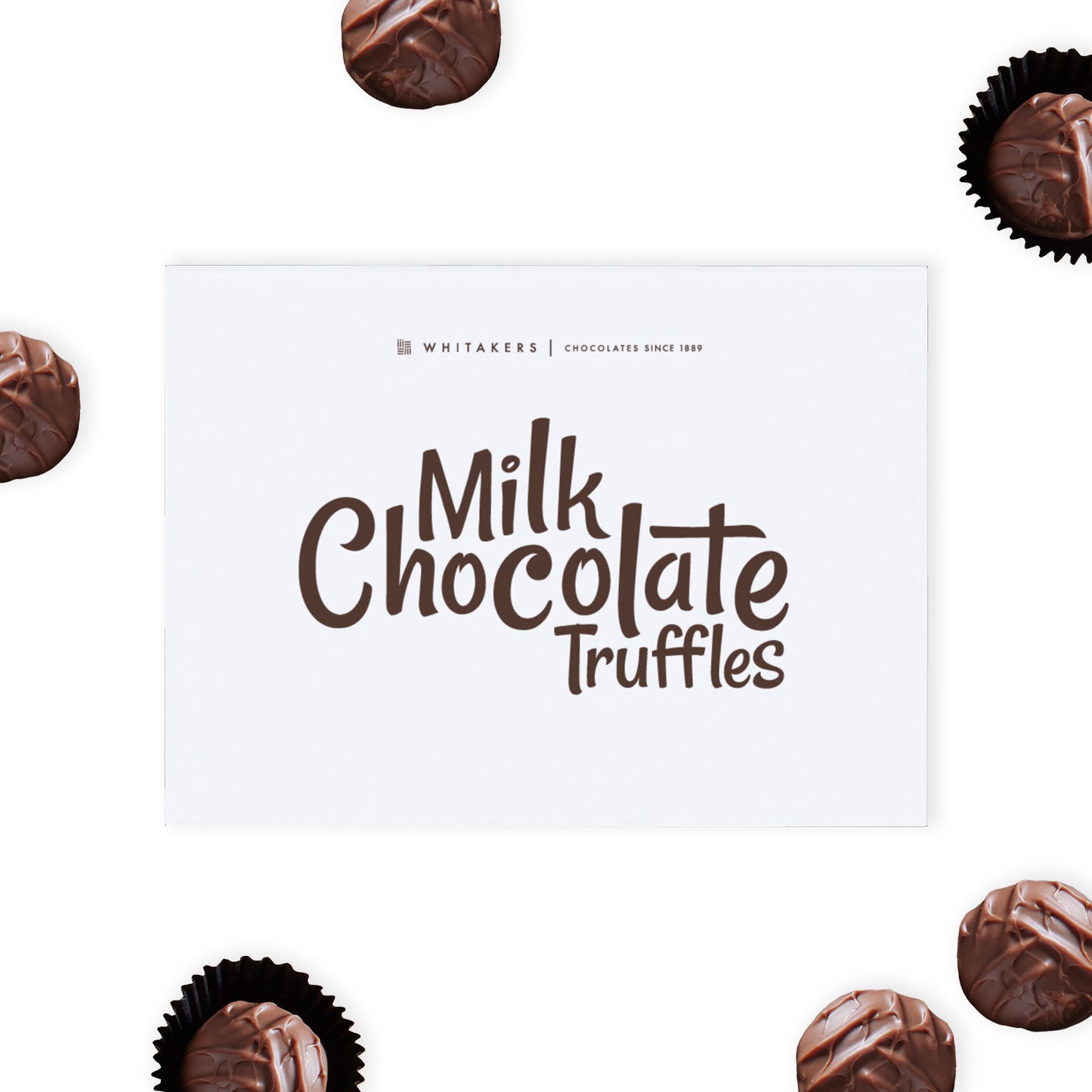 Luxury Milk Chocolate Truffles. This exquisite gift box contains twelve hand-finished truffles, each featuring a lusciously soft and creamy milk chocolate ganache centre, lovingly encased in a smooth milk chocolate shell