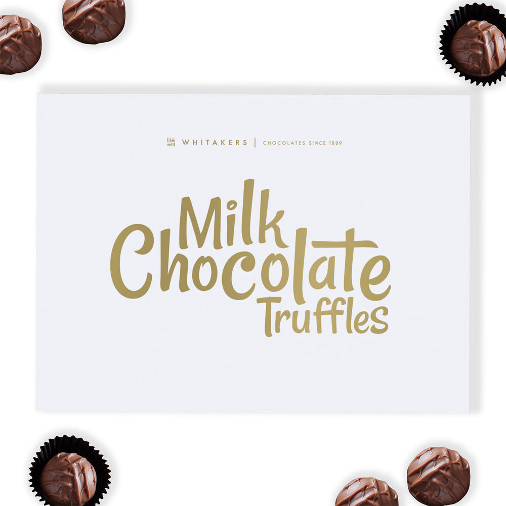 Luxury Milk Chocolate Truffles. This exquisite gift box contains eight hand-finished truffles, each featuring a lusciously soft and creamy milk chocolate ganache centre, lovingly encased in a smooth milk chocolate shell