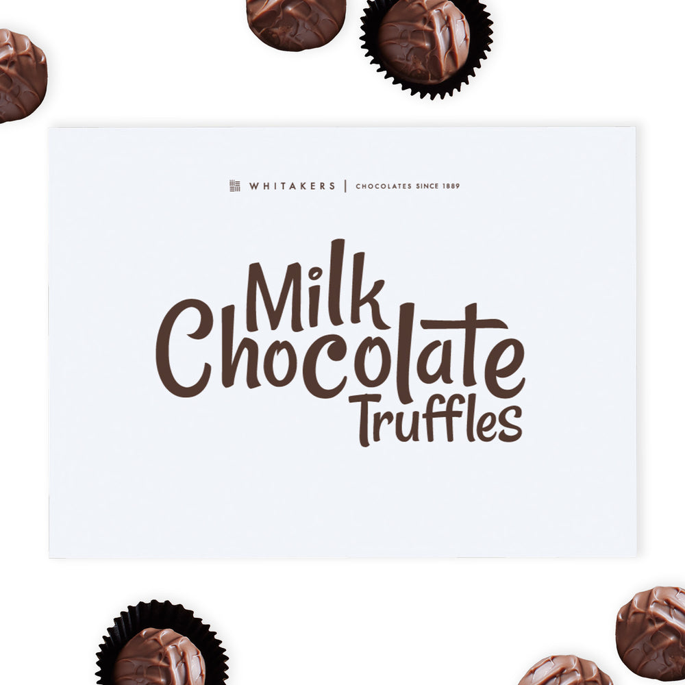 Luxury Milk Chocolate Truffles. This exquisite gift box contains twenty-four hand-finished truffles, each featuring a lusciously soft and creamy milk chocolate ganache centre, lovingly encased in a smooth milk chocolate shell