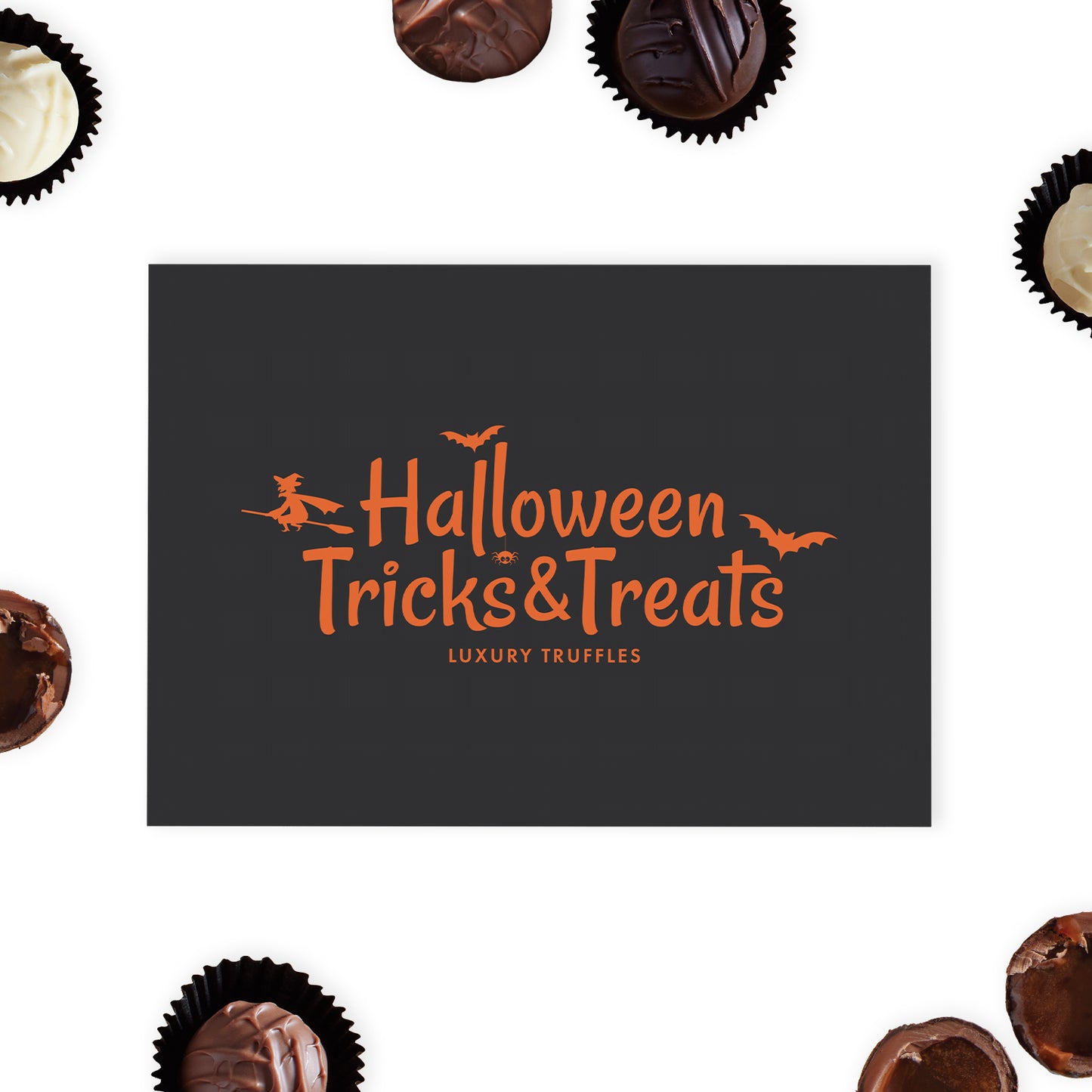 Embrace the spooky spirit of Halloween with Whitakers Chocolates' "Trick or Treat" 8 Chocolate Truffle Gift Box, a perfect mix of indulgence and eerie delight.  This striking black gloss box is captivatingly adorned with "Trick or Treat" and playful graphics in vibrant orange foil blocking, creating a hauntingly beautiful presentation that captures the essence of Halloween.