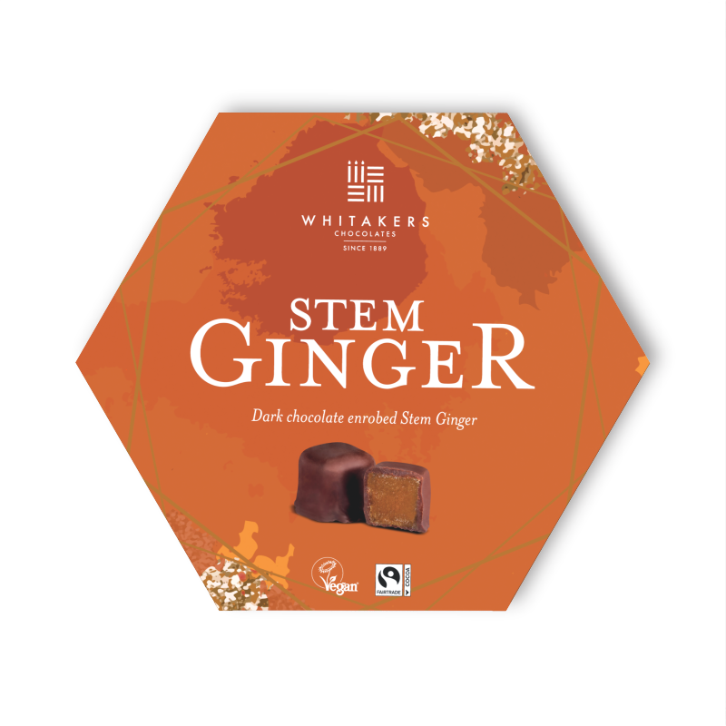 Stem Ginger in Dark Chocolate, presented in a beautifully designed hexagonal gifting box
