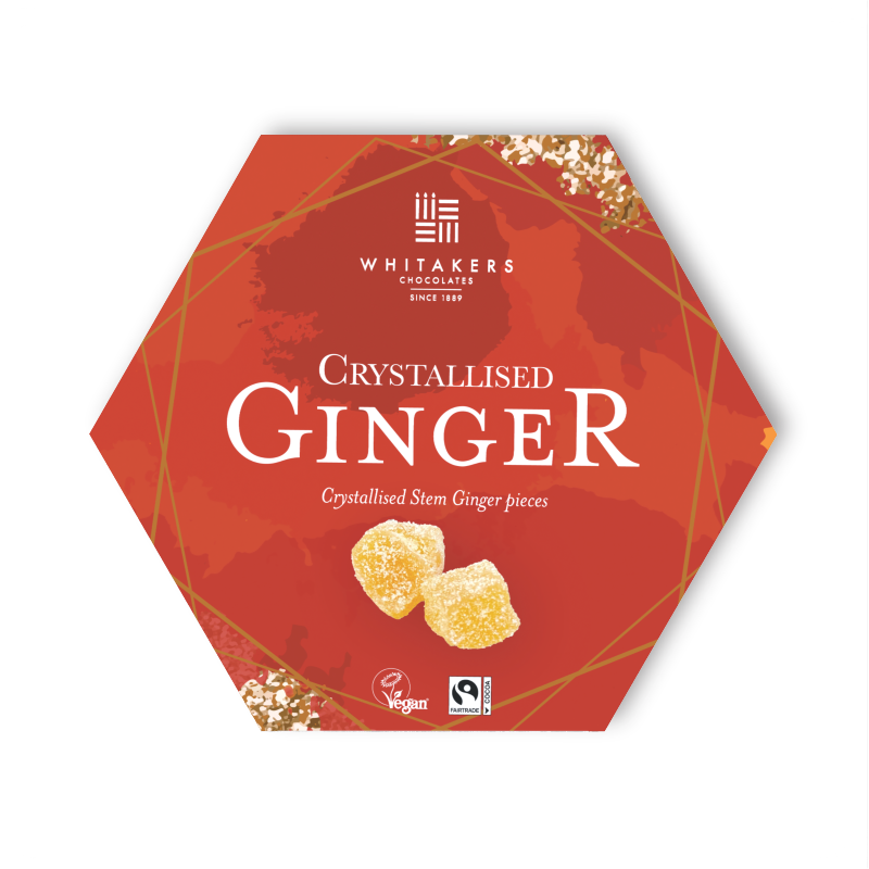 Fiery Crystallised Stem Ginger, sugar-dusted and elegantly presented in a stunning hexagonal gifting box