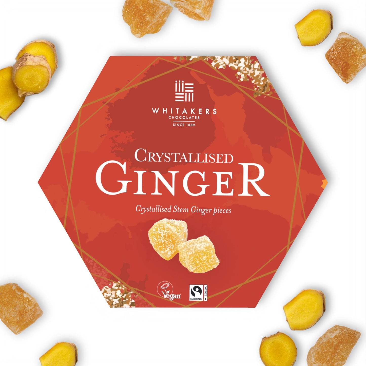 Fiery Crystallised Stem Ginger, sugar-dusted and elegantly presented in a stunning hexagonal gifting box