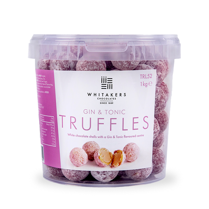 White chocolate truffles flavoured with real Gin and Tonic, packed in resealable tubs