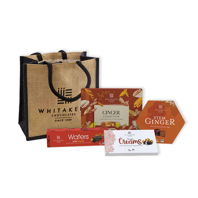 Luxury Tote bag 'Whitakers' chocolate ginger lovers hamper filled with dark chocolate stem ginger, dark chocolate ginger wafer thins, dark chocolate ginger fondant creams and dark chocolate ginger collection gift box