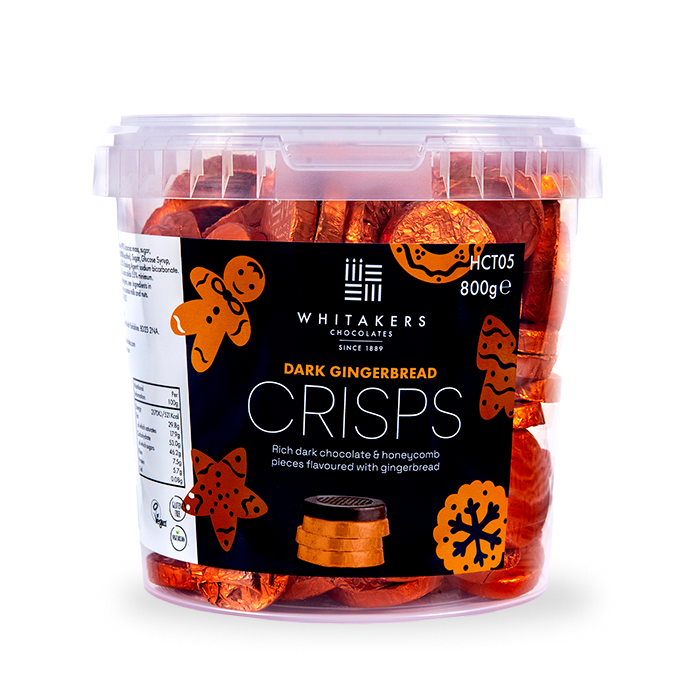 Dark Gingerbread Chocolate Crisps.  Beautifully encased in rich orange foil, each of the 128 individually wrapped chocolates in our generous bulk tub