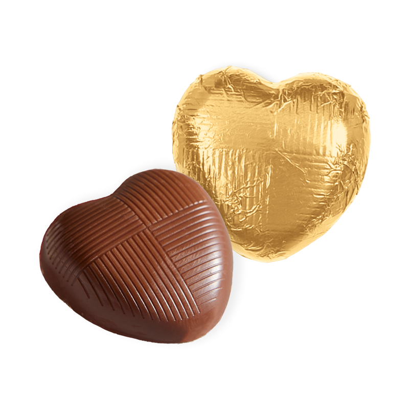Milk Chocolate Hearts, where each piece is a gleaming token of affection. Wrapped in luxurious gold foil. Packed in bulk 1kg boxes