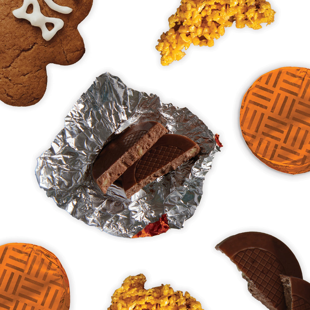 Dark Gingerbread Chocolate Crisps.  Beautifully encased in rich orange foil, each of the 128 individually wrapped chocolates in our generous bulk tub