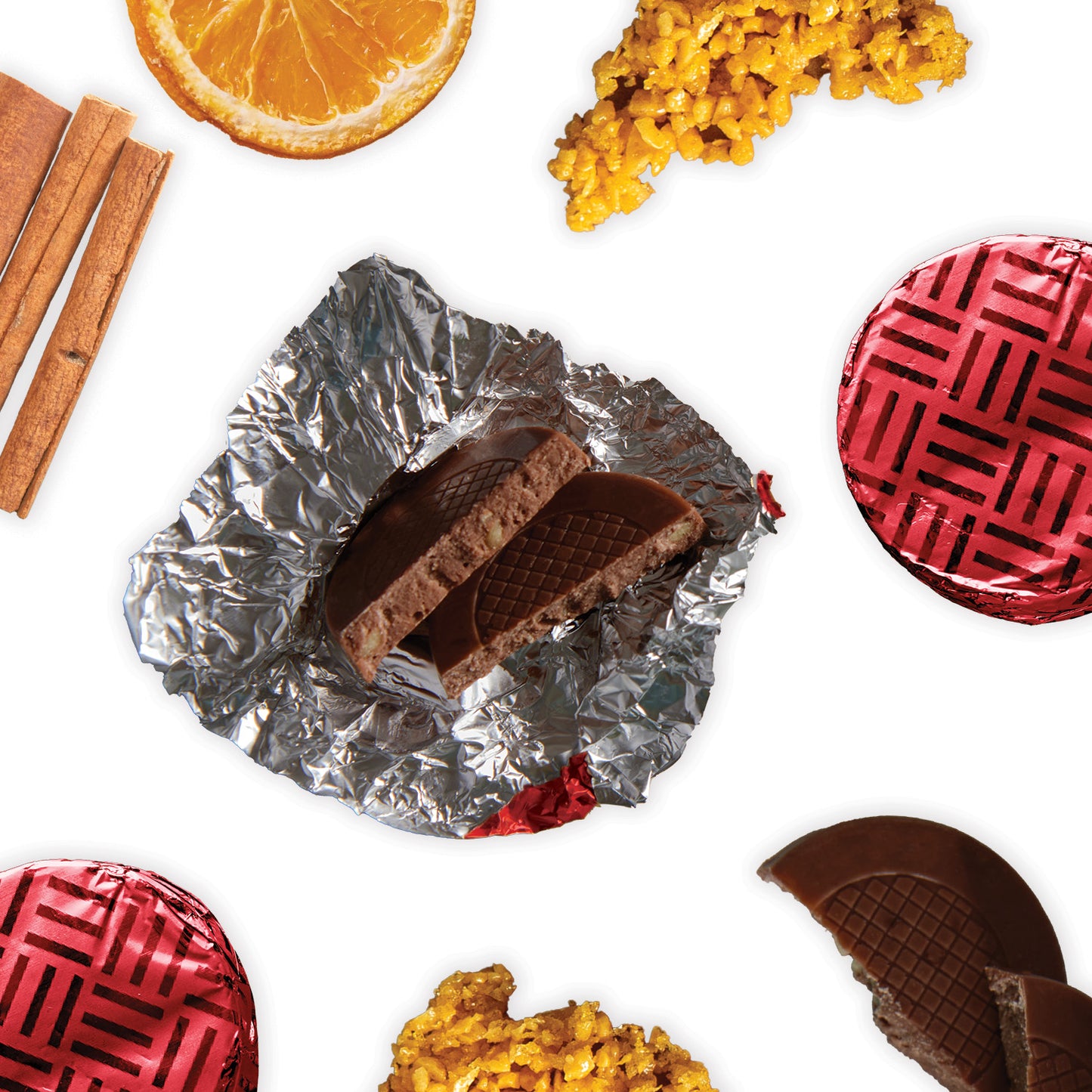 Festive Spice Chocolate Crisps, a delectable creation where the richness of dark chocolate meets the heartwarming spices reminiscent of mulled wine. Beautifully encased in rich red foil, each of the 128 individually wrapped chocolates in our generous bulk tub