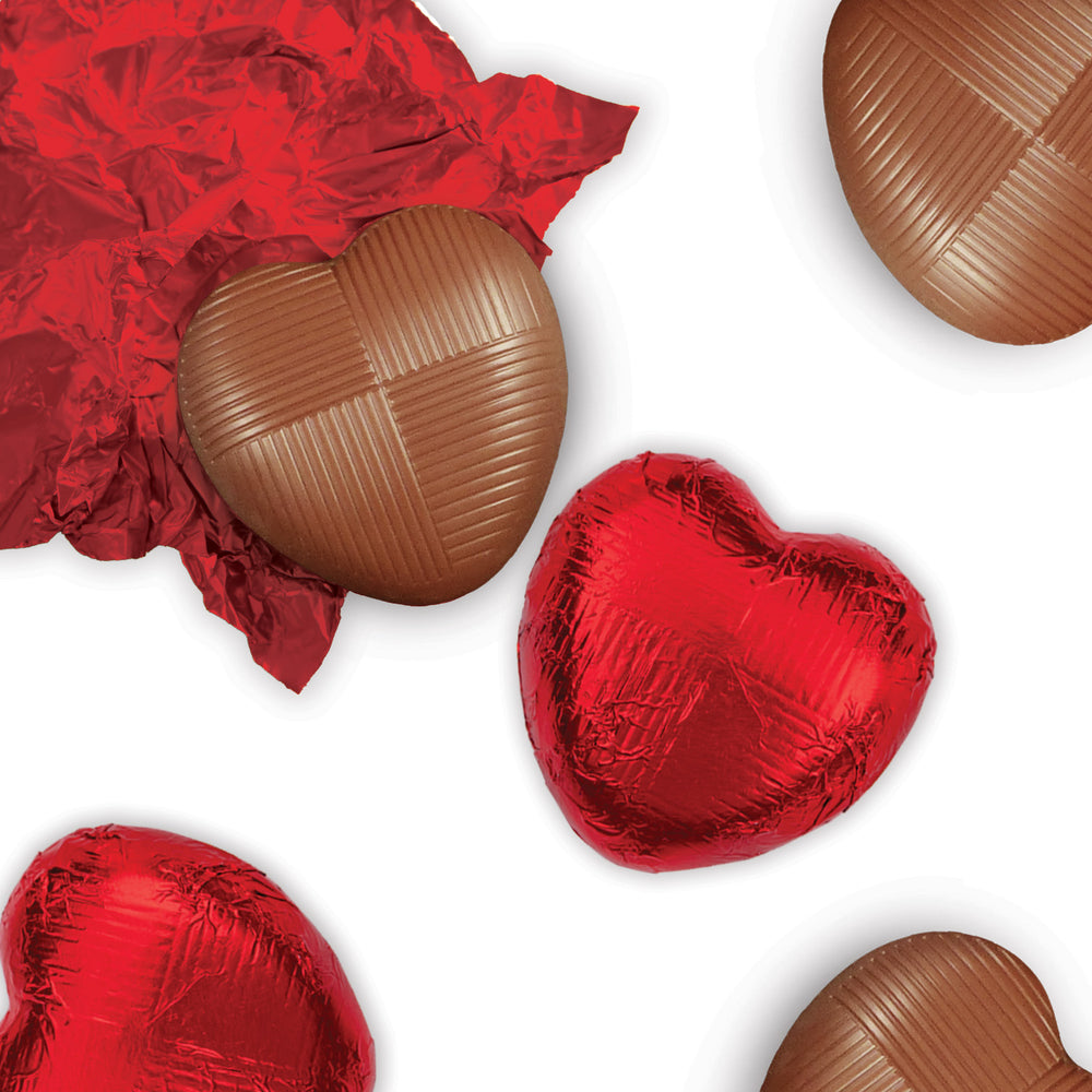 milk chocolate hearts individually wrapped in red foil packed in 1kg boxes