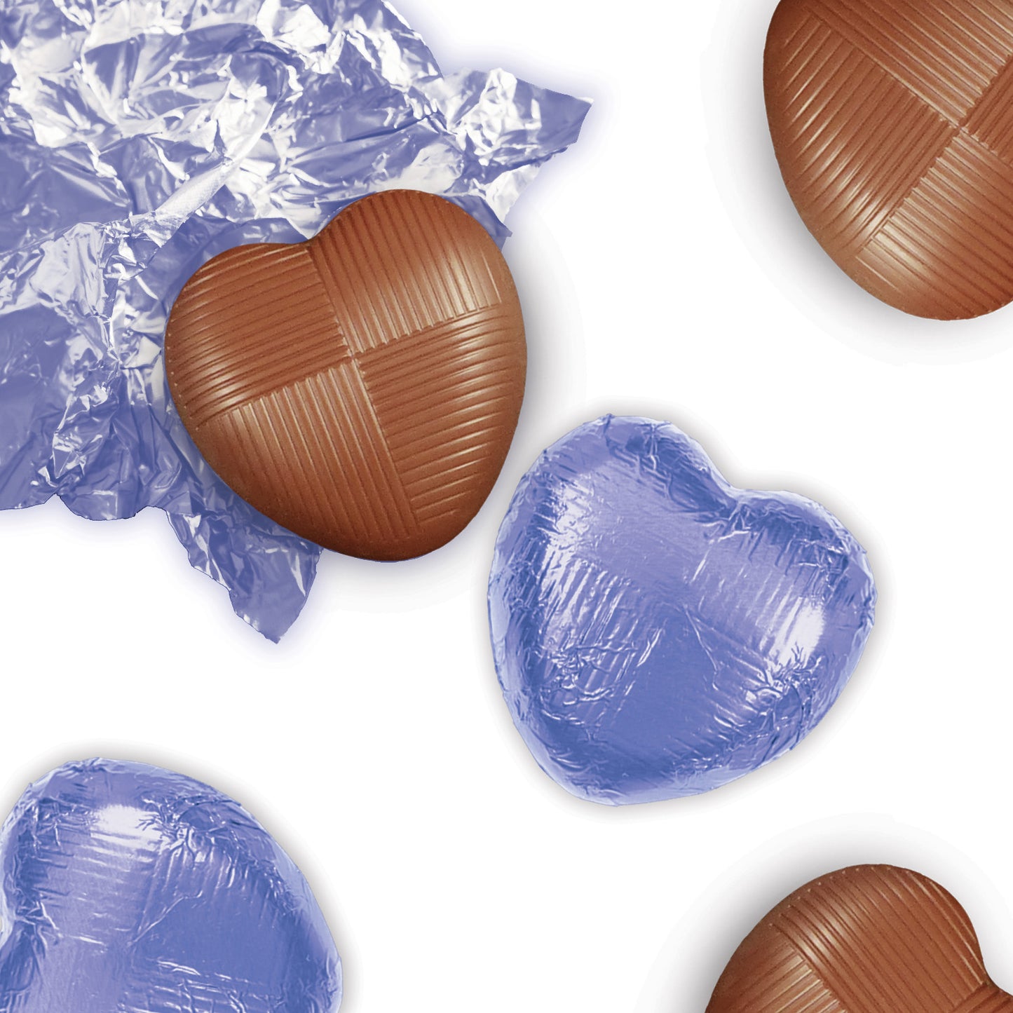 milk chocolate hearts individually wrapped in lilac foil packed in 1kg boxes