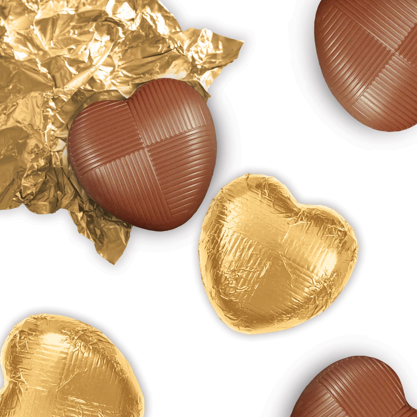 milk chocolate hearts individually wrapped in gold foil packed in 1kg tubs