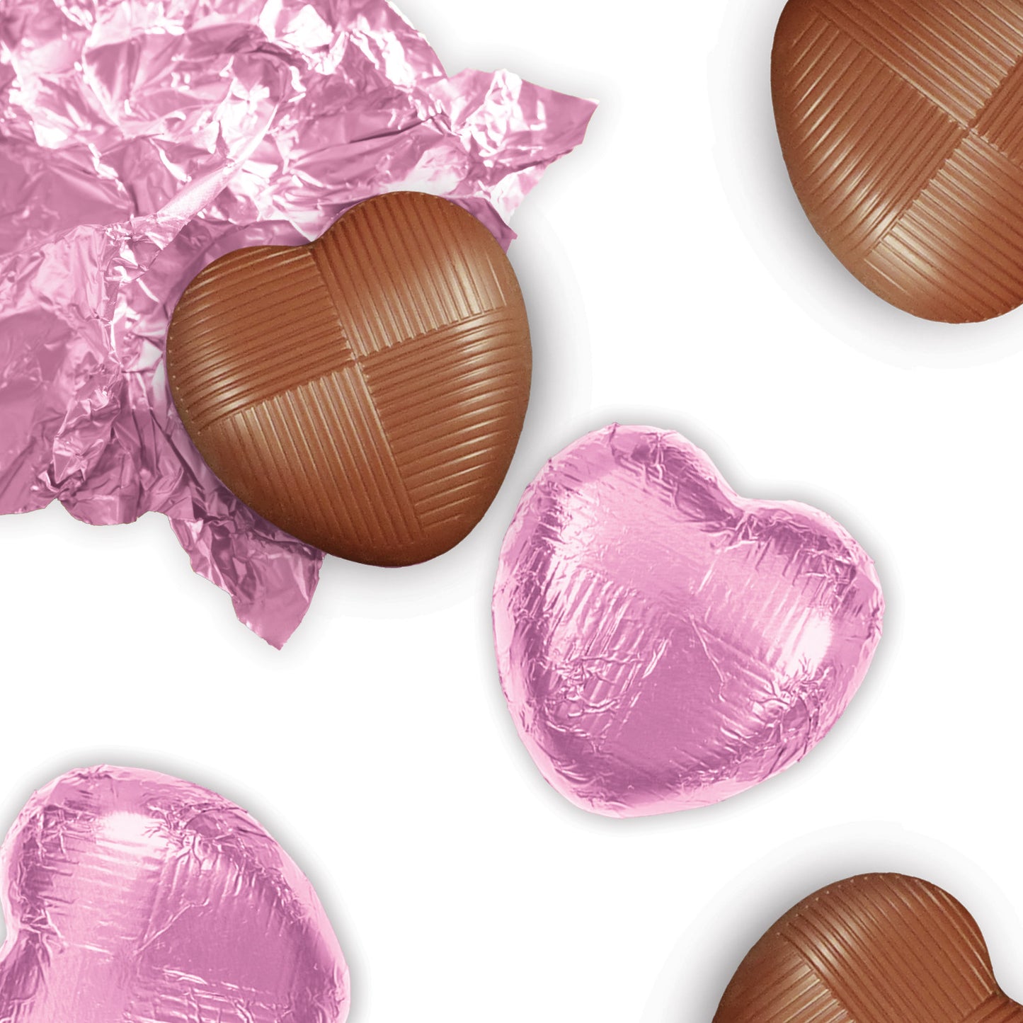 milk chocolate hearts individually wrapped in pink foil packed in 1kg tubs