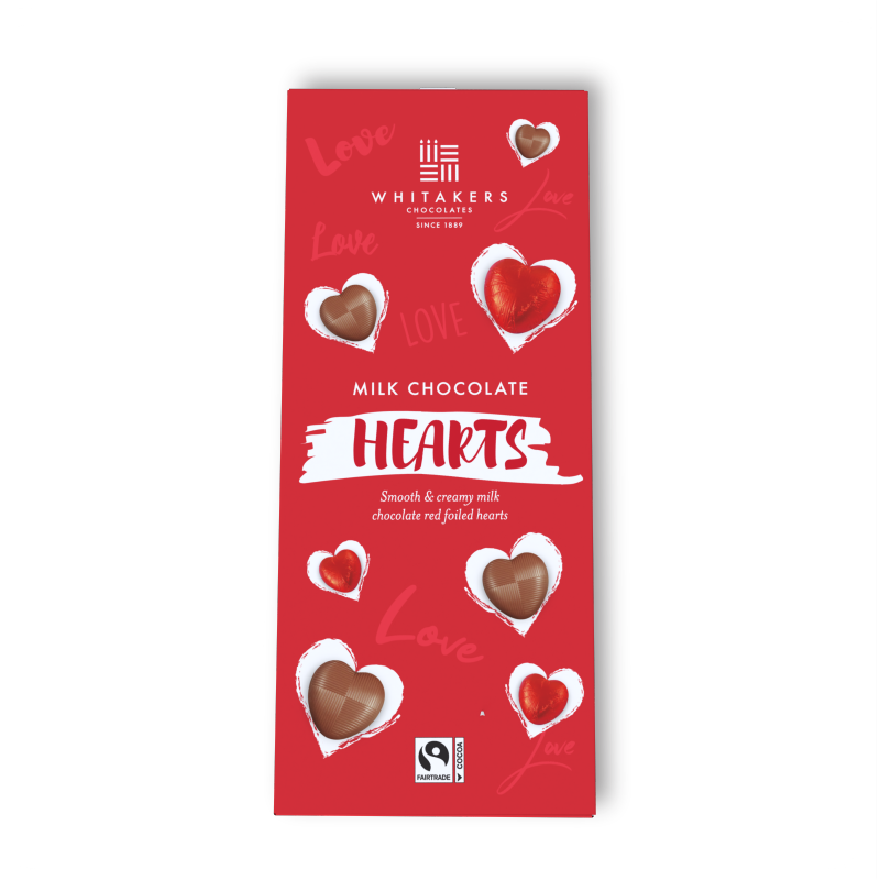 Milk Chocolate Hearts, each one lovingly enveloped in luxurious red foil and presented in a stunning gifting box. These charming hearts are crafted from our signature smooth and creamy milk chocolate