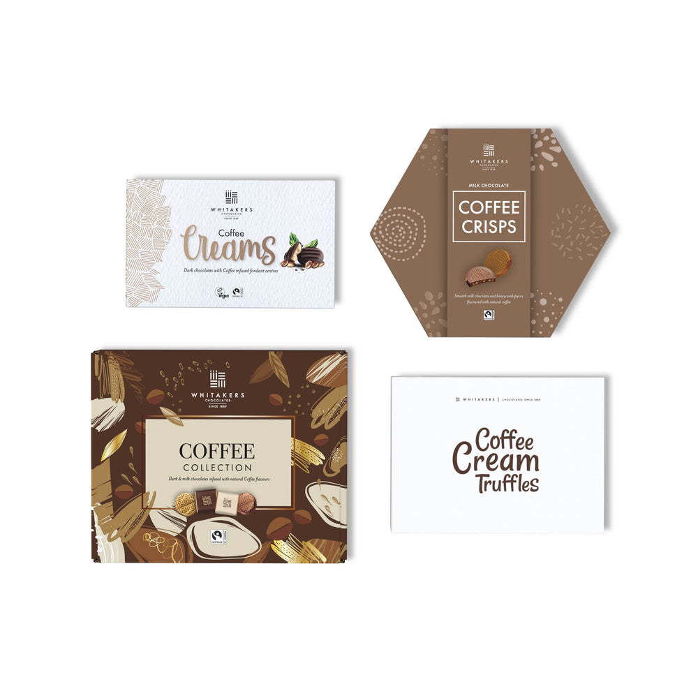 Luxury Tote bag 'Whitakers' chocolate coffee lovers hamper, containing dark chocolate coffee creams, milk and dark chocolate coffee collection, milk chocolate coffee and honeycomb crisps and coffee truffle gift box