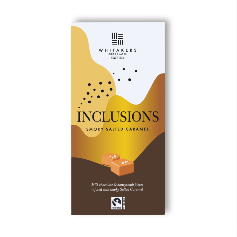 a luxurious 90g Milk Chocolate indulgence, masterfully flavoured with natural sea salt and smoky caramel, and filled with the satisfying crunch of honeycomb pieces. Wrapped in our distinctive paper packaging, this bar is a visual and sensory delight, perfectly encapsulating Whitakers commitment to innovation and quality