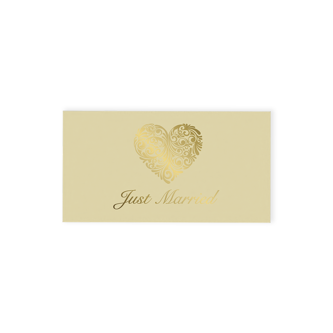 "Just Married" Chocolate Gift Box, an exquisite offering that pairs elegance with indulgence.  This cream-coloured gift box is beautifully adorned with an ornate gold heart and stylish "Just Married" font on the top, making it a standout addition to any wedding celebration.  Inside, discover two delicious hand-finished truffles, one milk and one white chocolate