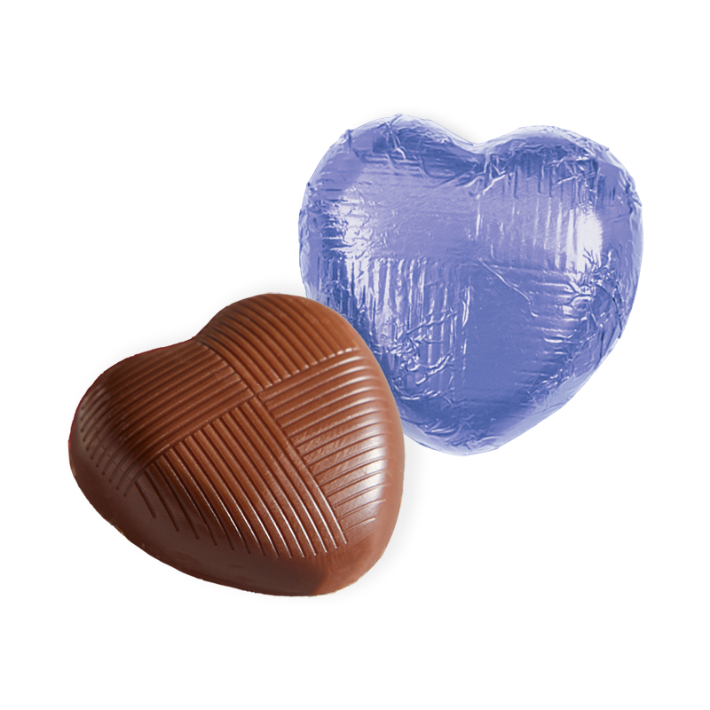 milk chocolate hearts individually wrapped in lilac foil packed in 1kg boxes